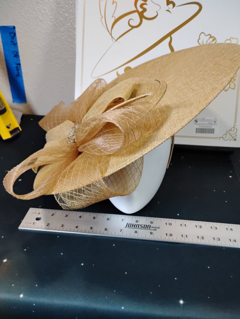 Gold Fascinator Hat Wide Brim Kentucky Derby Tea Party Wedding Headband - Picture 7 of 7